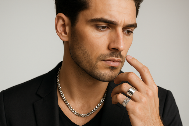image of a men wearing a silver jewelry like neckchain or finger ring