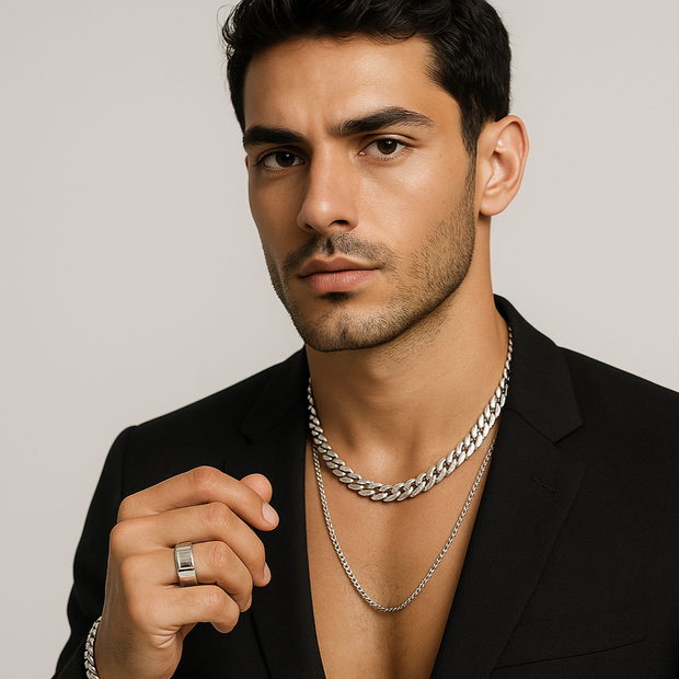 men with wearing a silver jewelry like neck chain or finger ring 
