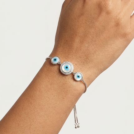 Good Vibes Only with Our Silver Evil Eye Bracelet.