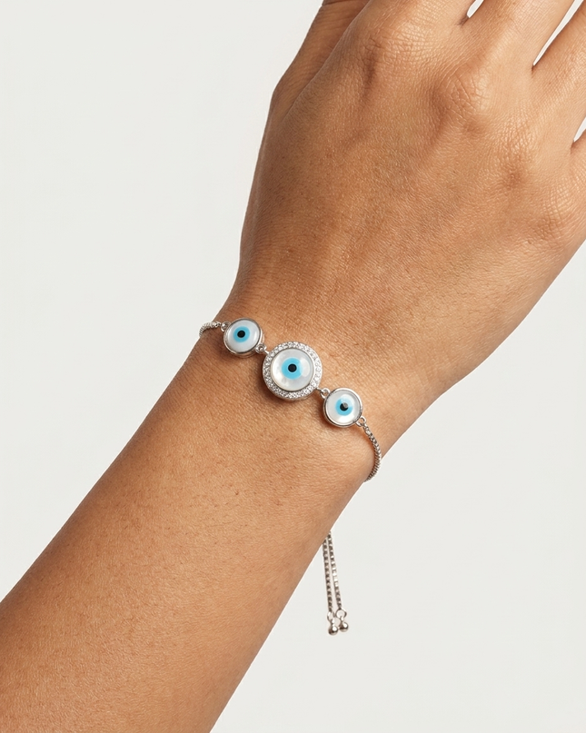 Good Vibes Only with Our Silver Evil Eye Bracelet.