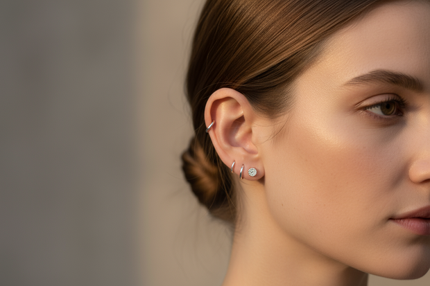 women wearing silver tiny earrings in ear